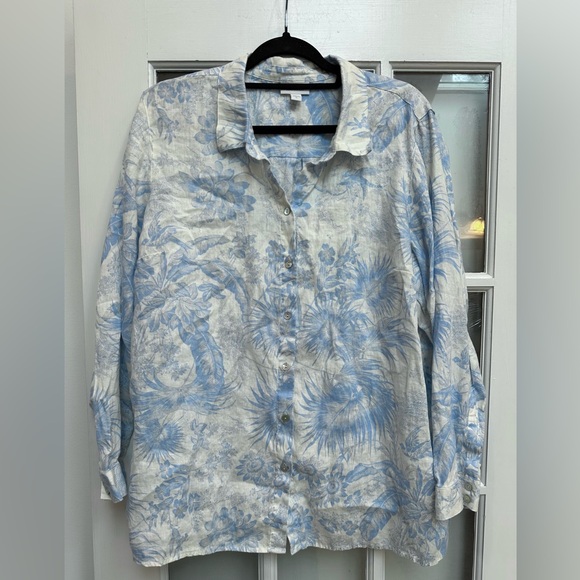 J. Jill Everyday Linen Button-Front Shirt 100% Linen Blue Floral Blouse Size XL - Picture 16 of 16
